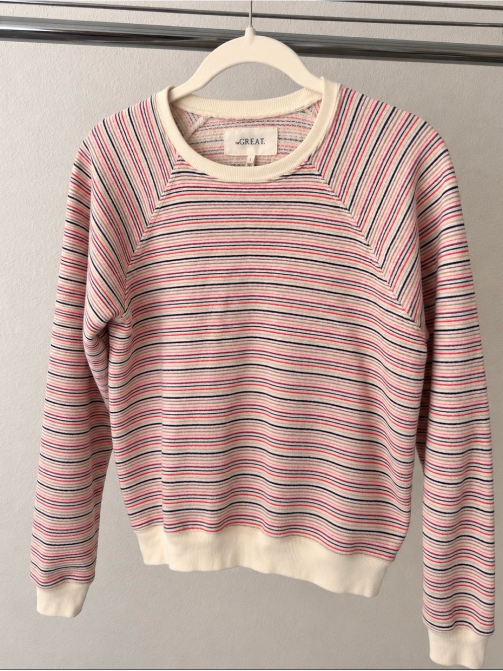 THE GREAT. The Shrunken Sweatshirt Washed White Colorful Stripe Size 1